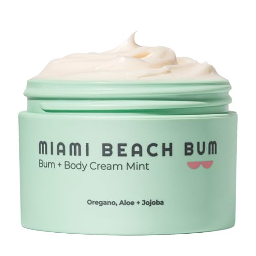 Miami Beach Bum, Bum + Body Butter Cream, Daily Moisturizer w/Oregano Oil for Body Acne, Keratosis Pilaris, Razor Burn, Ingrown Hairs, After Sun Lotion w/Aloe, Jojoba & Tea Tree, Mint, 3.4oz