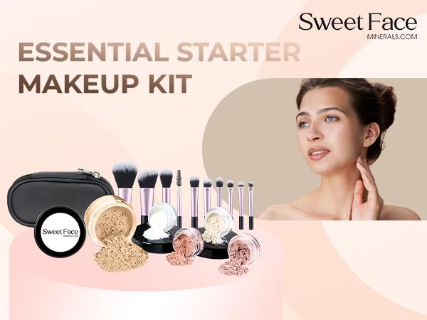 16pc Beginner Mineral Makeup STARTER KIT with 10 BRUSH SET (5gm) Sample Size Foundation, Primer, Blush, Bronzer, Setting Powder for Learning, Occasional Use & First Time Users, Travel Size Kit (Warm)