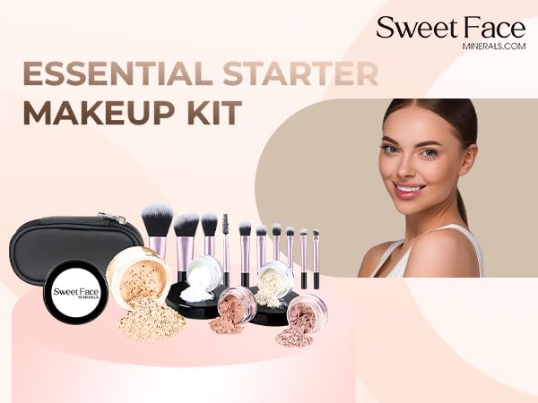 16pc Beginner Mineral Makeup STARTER KIT with 10 BRUSH SET (5gm)Sample Size Foundation, Primer, Blush, Bronzer, Setting Powder for Learning, Occasional Use & First Time Users, Travel Size Kit (Fair 1)