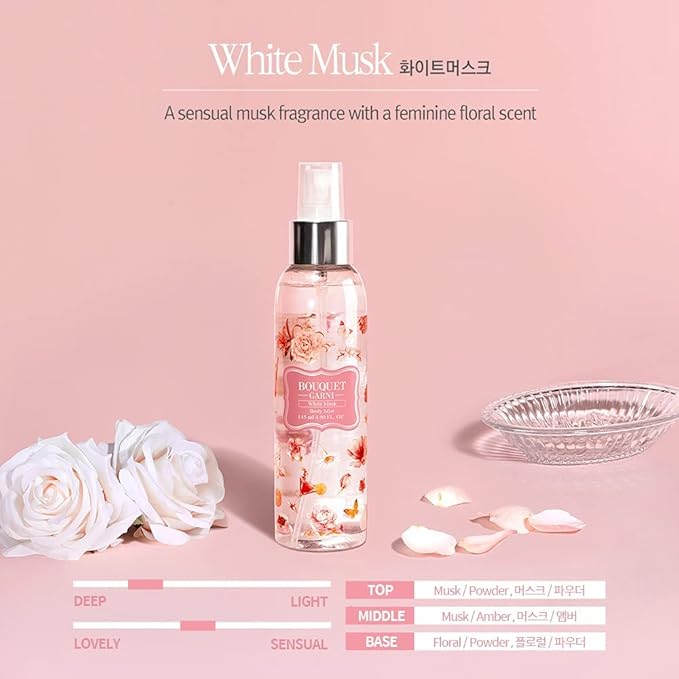 Bouquet Garni Hair & Body Mist White Musk Fragrance - Long-lasting Moisture & Fragrance, Mist for Women, Low Irritation (Containing Vitamin E, Citrus Acid) - 4.9 oz
