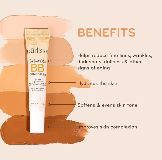 pürlisse Perfect Glow BB Cream Concealer - Hydrating Under Eye Concealer with Jasmine and Goji & Hawthorn Berry - Oil Free Makeup for Dark Circles, Redness & Fine Lines - Tan (0.34 oz)