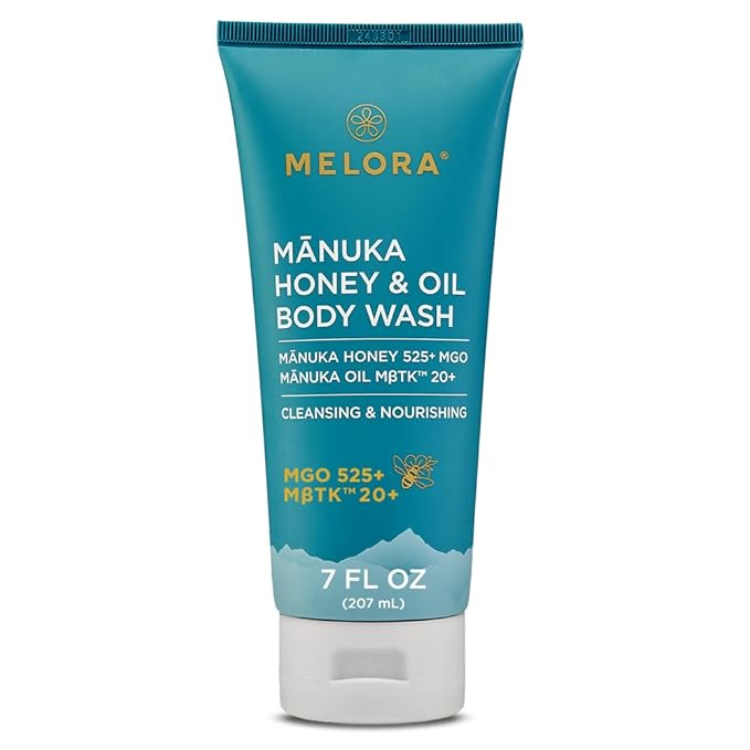 MELORA Manuka Honey Body Wash (7 Oz) - Moisturizing Skin Care Body Soap with Manuka Honey & Oil for Acne, Dry, or Sensitive Skin - Moisturizing Travel Size Shower Gel for Women & Men