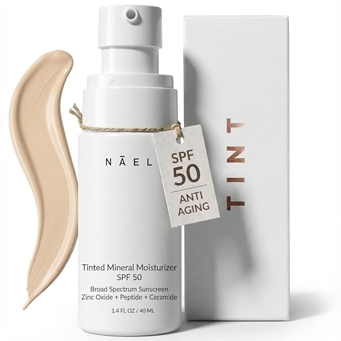 NAELI Anti Aging Tinted Moisturizer SPF 50, Mineral Sunscreen for Face with Zinc Oxide, Peptides & Ceramides, Natural Hydrating Light Tint - 1.4 oz