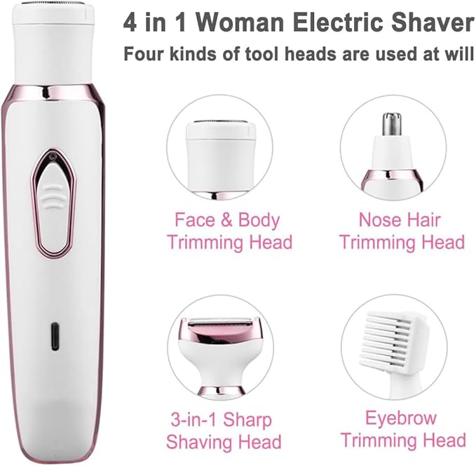 Bikini Trimmer for Women, Electric Razor Hair Shaver for Face Nose Eyebrow Beard Mustache Arm Leg Armpit Bikini, Replaceable Lady Facial Razor, Painless Rechargeable 4 in 1 Women Body Shaver for Trip