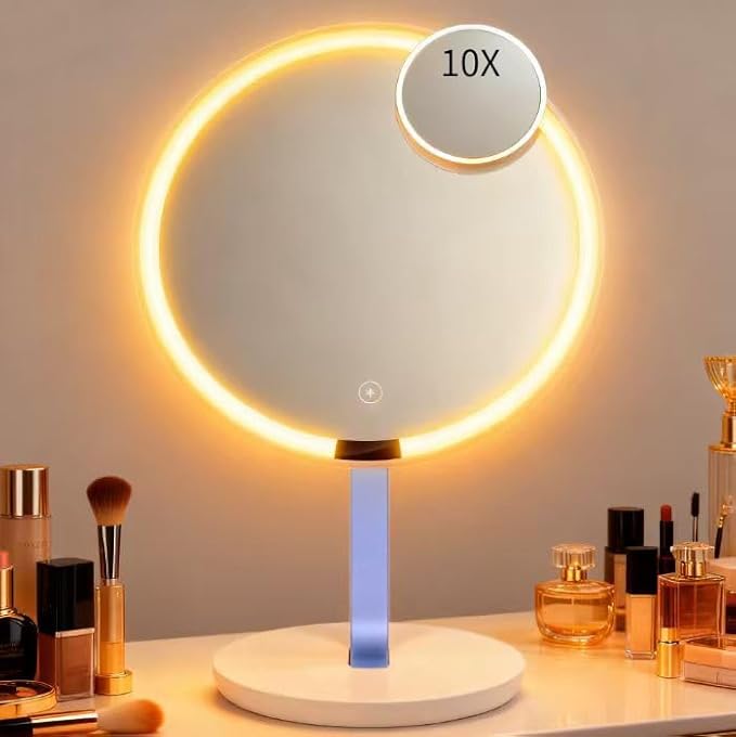 9.65-inch Lighting Makeup Mirror, 1x / 10x,Touch Control,3-Color Adjustable,Metal Stand,up and Down Adjustable Makeup Mirror, High Color Rendering, Eye-Protecting Light Source,Ultramarine