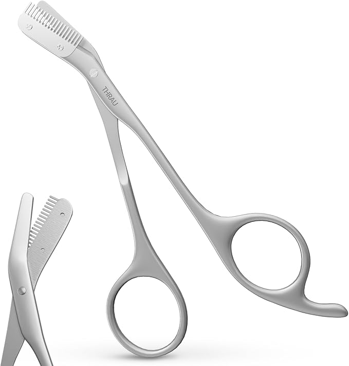 THRAU Eyebrow Scissors with Comb, Stainless Steel Precision Eyebrow Trimmer for Women, Safety Guard for Beginners, Sharp Blades, 2-in-1 Mini Scissors and Grooming Kit for Home or Travel