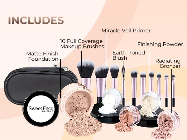 16pc Beginner Mineral Makeup STARTER KIT with 10 BRUSH SET (5gm) Sample Size Foundation, Primer, Blush, Bronzer, Setting Powder for Learning, Occasional Use,First Time Users, Travel Size Kit (Light)
