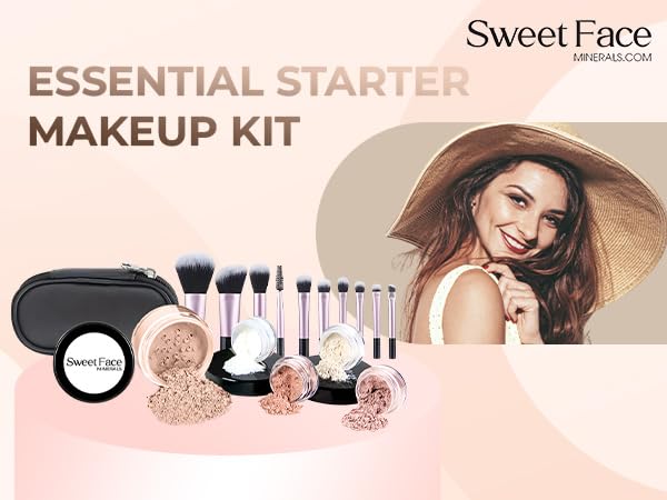 16pc Beginner Mineral Makeup STARTER KIT with 10 BRUSHES (5gm)Sample Size Foundation, Primer, Blush, Bronzer, Setting Powder for Learning, Occasional Use & First Time Users, Travel Size Kit(Light Tan)