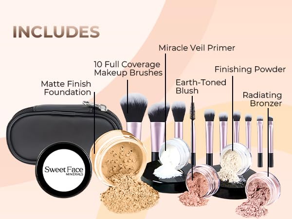 16pc Beginner Mineral Makeup STARTER KIT with 10 BRUSH SET (5gm) Sample Size Foundation, Primer, Blush, Bronzer, Setting Powder for Learning, Occasional Use,First Time Users, Travel Size Kit (Beige)