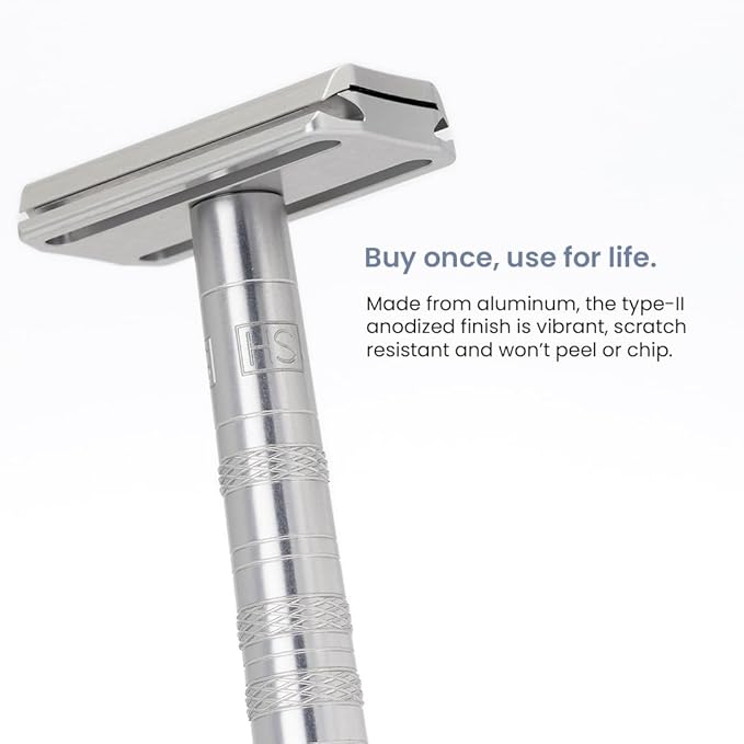 Henson Shaving Razor - Aluminum Double Edge Safety Razor with 5 Spare Blades - 30° Angled Precision With Superior Blade Rigidity- Reusable Single Blade Razors For Men and Women - Mild Aggression