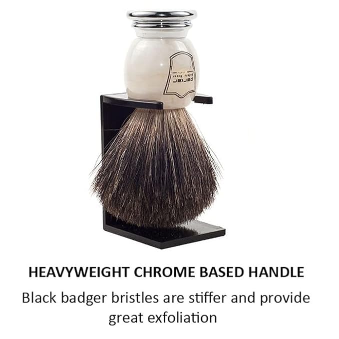 Parker 100% Black Badger Bristle Shaving Brush with Ivory Marbled Handle - Brush Stand Included