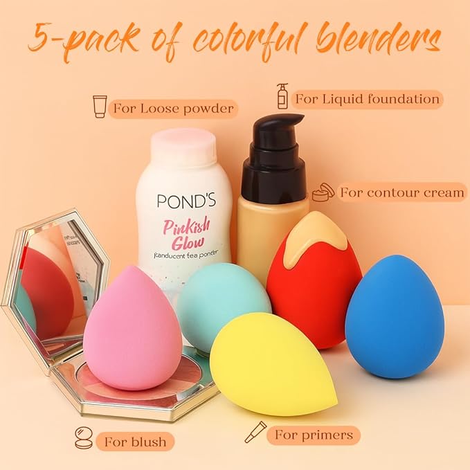 BEAKEY Makeup Sponge Set 5 Pack Micro Porous Low Absorption Soft Latex Free Foundation Beauty Sponges & Blenders for Powder Cream, Stocking Stuffers for Women