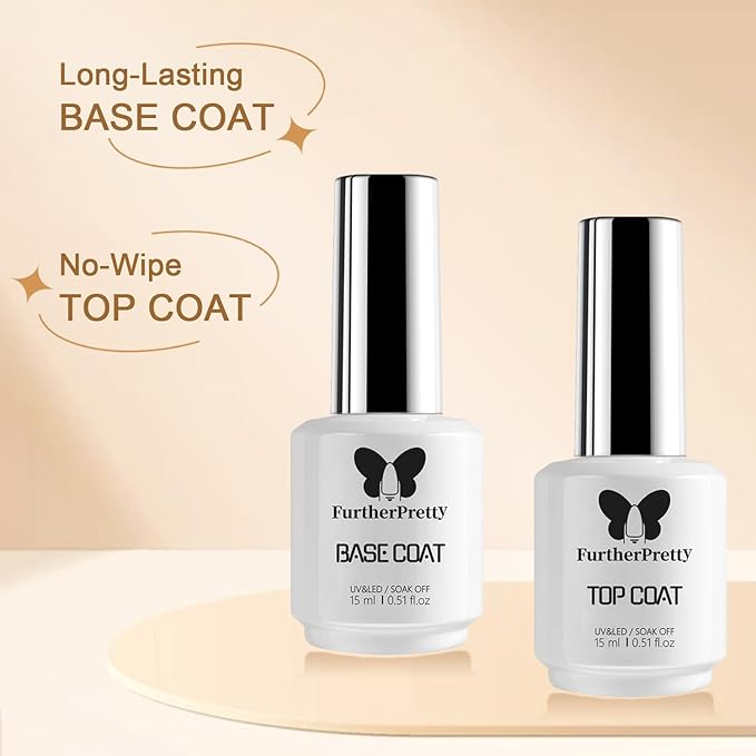 Gel Base and Top Coat Set, 2PCS 15ml Soak Off Gel Nail Polish, No Wipe Top Coat & Base Coat for UV LED Nail Lamp, Long-Lasting base para uñas en gel, Professional Manicure supplies