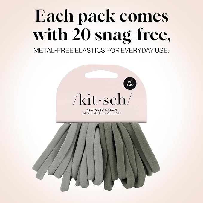 Kitsch Nylon Hair Ties for Girls & Women - No Snag, Pain-free Hair Ties No Damage Ideal for Ponytails, Updos & Braids | Ideal Gifts for Women, 20pcs Eucalyptus