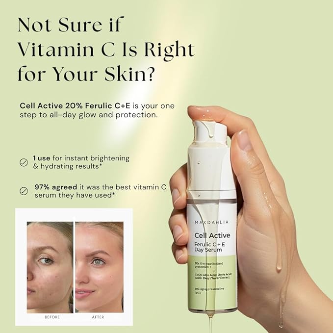 MAXDAHLIA Cell Active Day Serum | 10X Antioxidant Protection | Small-Batch Non-Oxidizing 20% Vitamin C+E Ferulic Acid with Niacinamide & Hyaluronic Acid | Anti-Aging, Brightening, Dark Spot Corrector