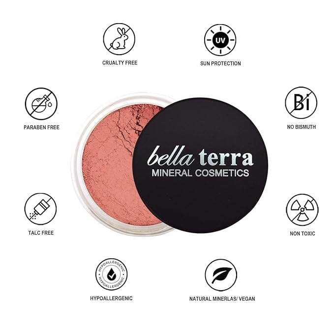 Bellaterra Cosmetics Mineral Loose Blush - Contouring, Long Lasting, Illuminating in 5 Shades for All Skin Types. 9g (Native Eart, 9g)