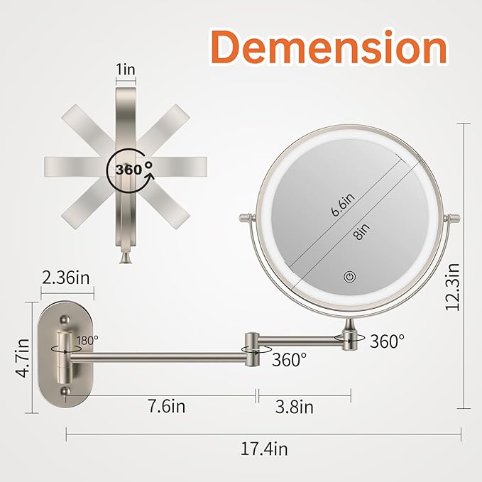 Rechargeable Wall Mounted Lighted Makeup Vanity Mirror 8 Inch Double Sided 1X 10X Magnifying Bathroom Mirror, 3 Color Lighting, Touch Screen Dimming, Extended Arm 360 Rotation Shaving Light up Mirror