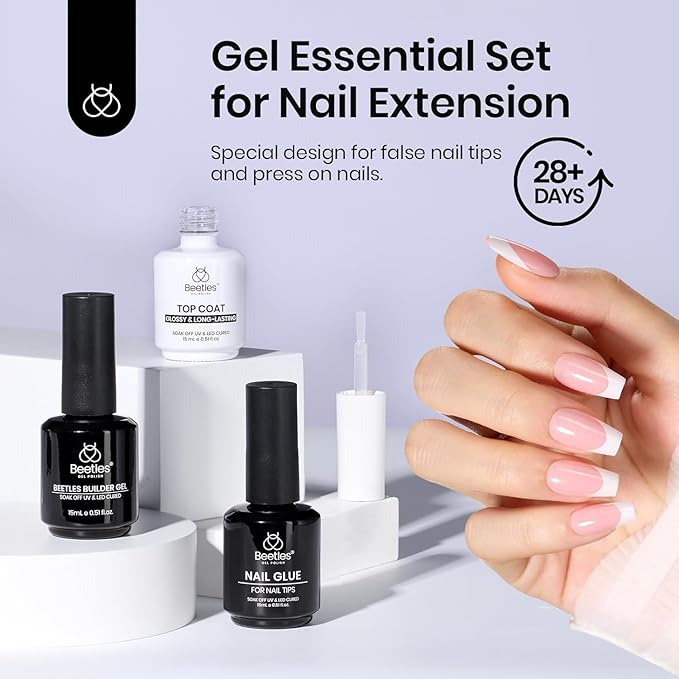 Beetles Gel Nail Glue Kit, 15ml Nail Glue Builder & Extra Glossy Top Coat Gel Nail Polish 3 Pcs Soak Off UV Kit for Long-Lasting Shine, Manicure Nail Art Design Diy at Home Gifts for Women