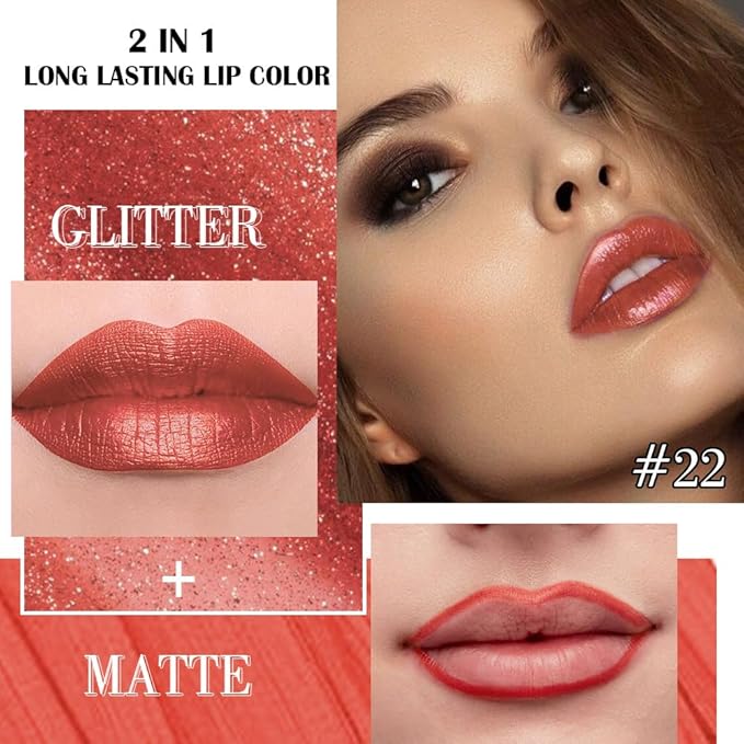 evpct Bronze Orange Metallic Glitter Lip Liner and Lipstick Combo Lip Gloss Stain Set Makeup for Women Long Lasting Waterproof 24, Non Stick Cup Metal Shine Shimmer Iridescent Glossy Liquid Lipstick
