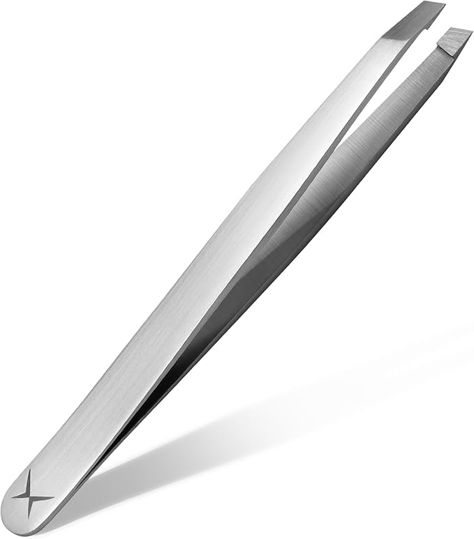 Slanted Stainless Steel Tweezers for Men & Women - Precision Eyebrow Tweezers for Facial Hairs, Strong Grip, Fine Tip, Professional Tweezer for Plucking & Grooming (Classic Stainless)