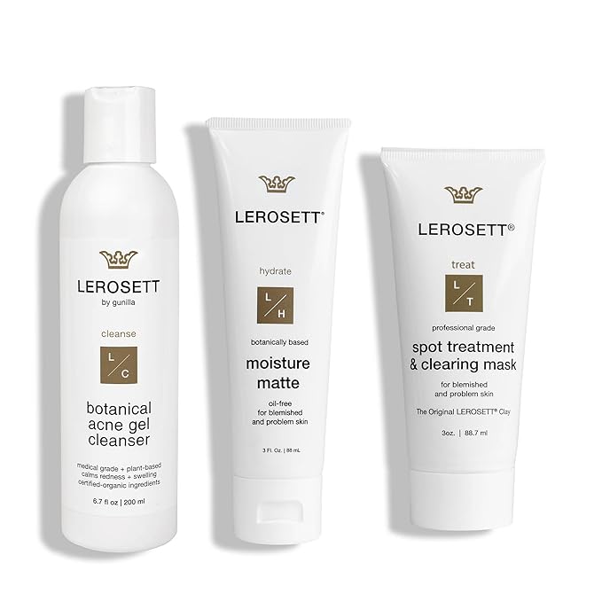 LEROSETT Acne Kit Includes Cleanser Moisturizer & Spot Treatment Mask Organic Calming Aloe & Clay Based, Clears Acne, Pimples, Blackheads & Breakouts, Vegan Acne Kit, For All Skin Types