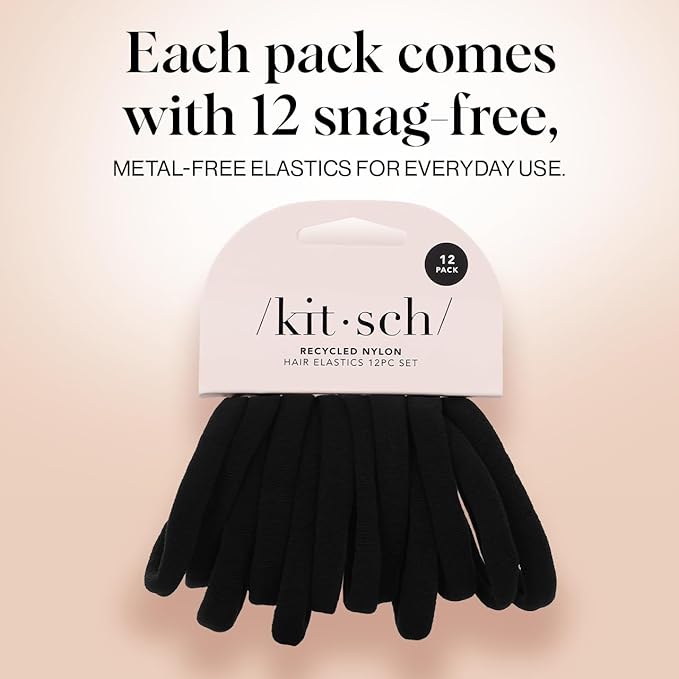 Kitsch Nylon Hair Ties No Damage - Stretchable Elastics for Strong All-Day Hold, Ponytail Holders | Hair Accessories for Women & Girls | Ideal Gifts for Women - Black, 12 Pcs