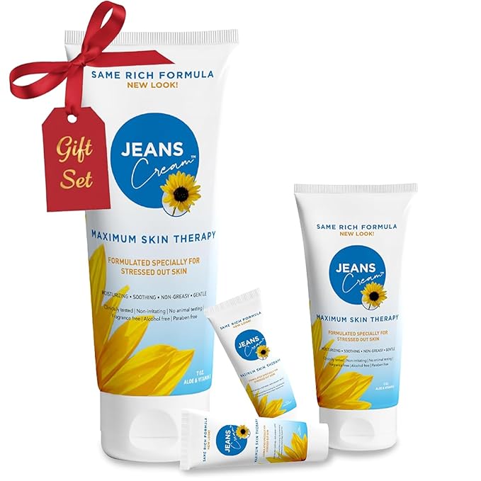 Jeans Cream, Maximum Skin Therapy Radiation Burn Cream, Moisturizing Vitamin E and Aloe Vera Cream for Compromised Skin, Minor Cuts, Sunburn and More, Non-Greasy Formula, Gift Set