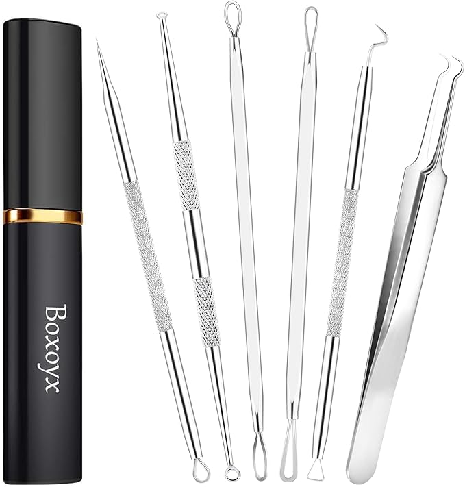 Pimple Popper Tool Kit - 6 Pcs Blackhead Remover Comedone Extractor Tool Kit with Metal Case for Quick and Easy Removal of Pimples, Blackheads, Zit Removing, Forehead, Facial and Nose(Silver)