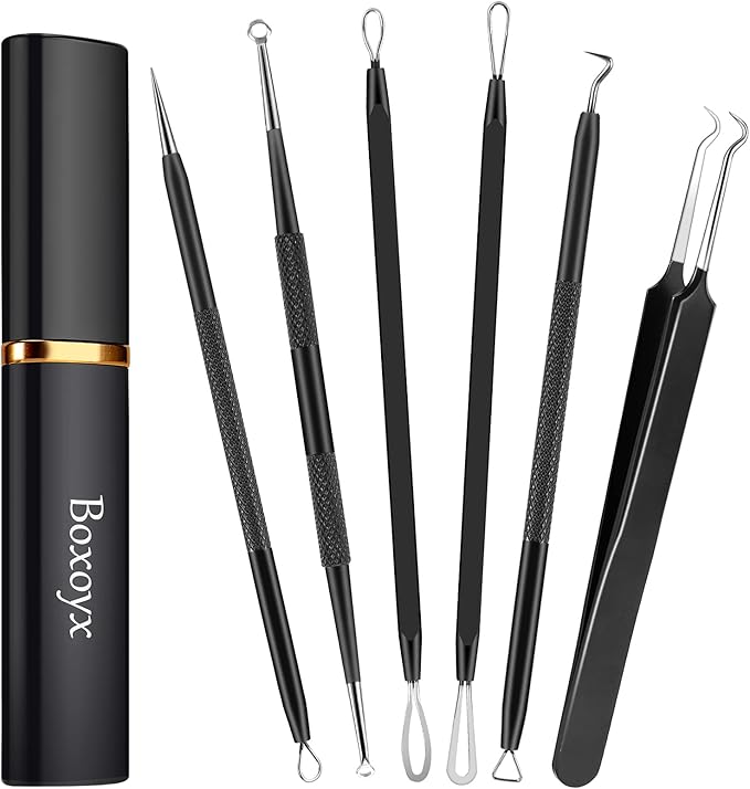 Pimple Popper Tool Kit - 6 Pcs Blackhead Remover Comedone Extractor Tool Kit with Metal Case for Quick and Easy Removal of Pimples, Blackheads, Zit Removing, Forehead, Facial and Nose(Black)