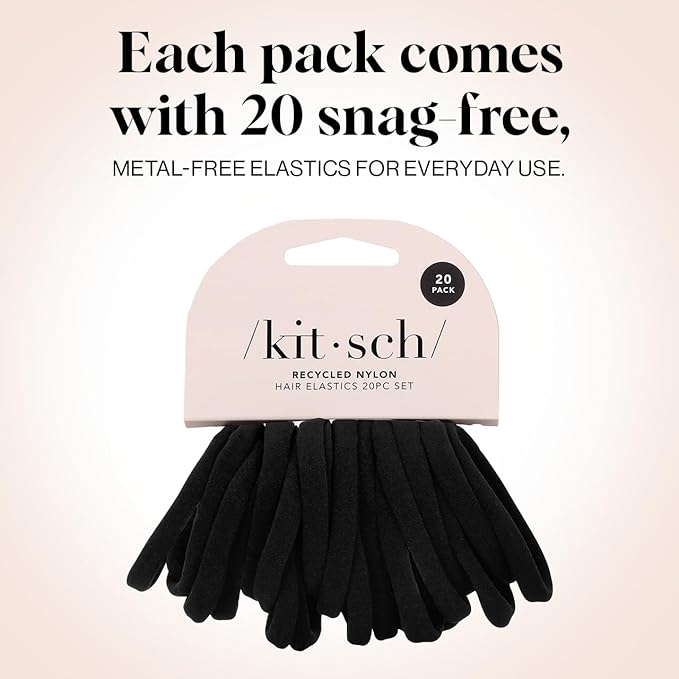 Kitsch Black Hair Ties No Damage - Strong, Stretchy Hair Bands | Soft Nylon Ponytail Holders, Snag-Free Rubber Bands, Perfect for Updos & Braids | Ideal Gifts for Women - Black, 20pcs
