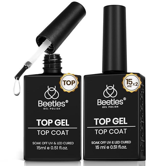 Beetles Top Coat Gel Nail Polish, 2Pcs 15ml No Wipe Gel Top Coat High Gloss Shiny Long-Lasting Clear Nail Polish Soak Off Nail Lamp Needed Home DIY Manicure Gifts for Women