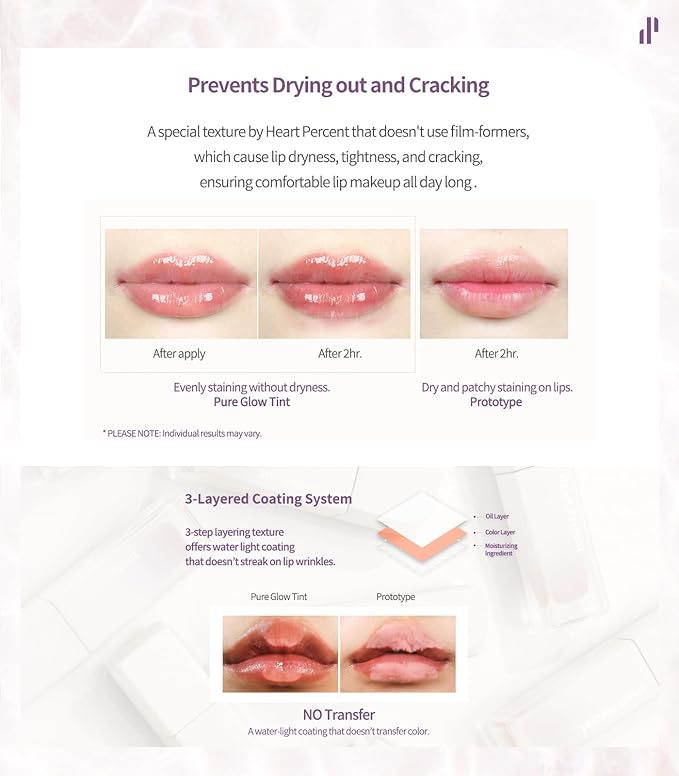 Heart Percent Dote On Mood Pure Glow Tint, Watery & Lightweight Moisturizing Lip Stain Long Lasting Liquid Lipstick 6.8g, #16.Geek & Mauve