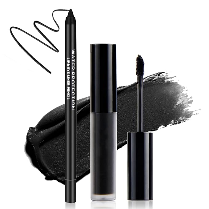 Black Lipstick Halloween Black Lip Liner Lip Kit,Matte Black Lipstick Long Lasting Smudge Proof,Velvet Black Lip Gloss Lip Stain,Non Stick Cup Black Liquid Lip Stick and Lip Pencil for Women
