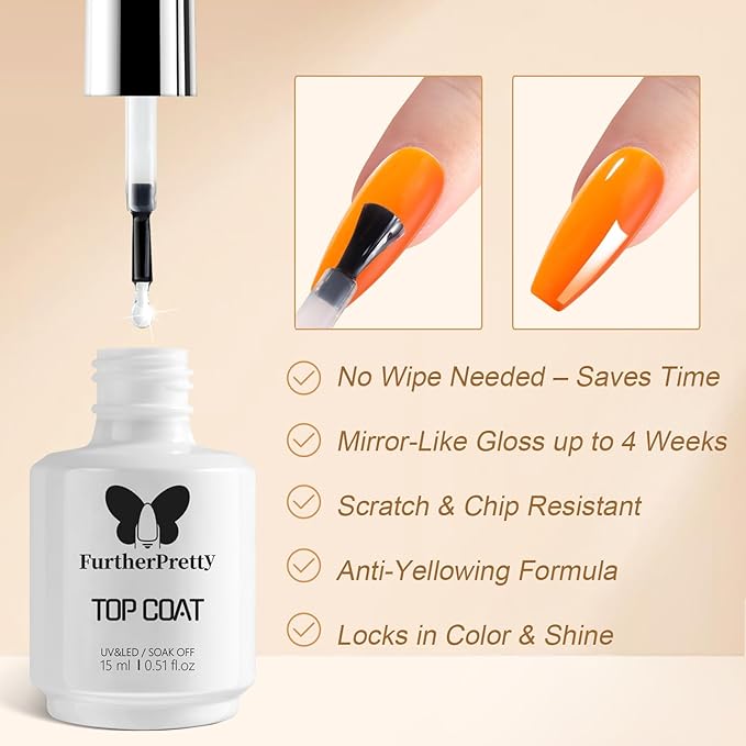 Gel Base and Top Coat Set, 2PCS 15ml Soak Off Gel Nail Polish, No Wipe Top Coat & Base Coat for UV LED Nail Lamp, Long-Lasting base para uñas en gel, Professional Manicure supplies