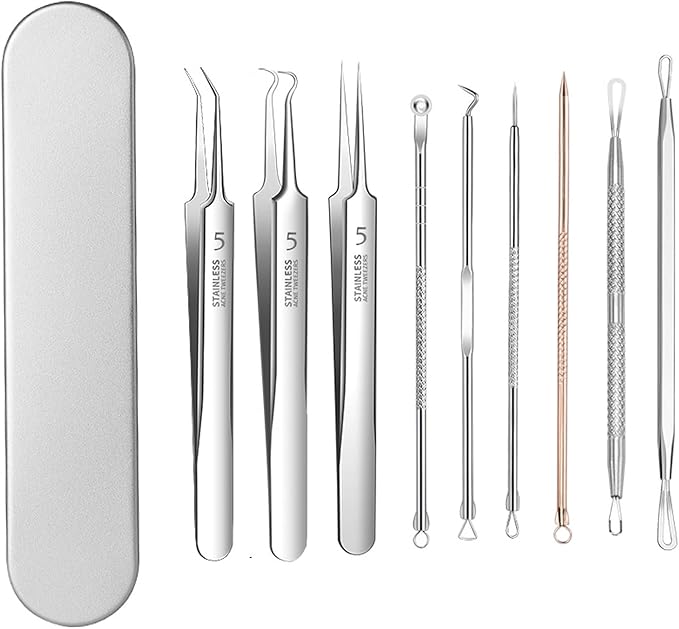 9 - Piece Stainless Steel Acne Tool Set - Complete Kit with Ultra - Sharp Tweezers, Needles for Effective Blackhead & Acne Removal