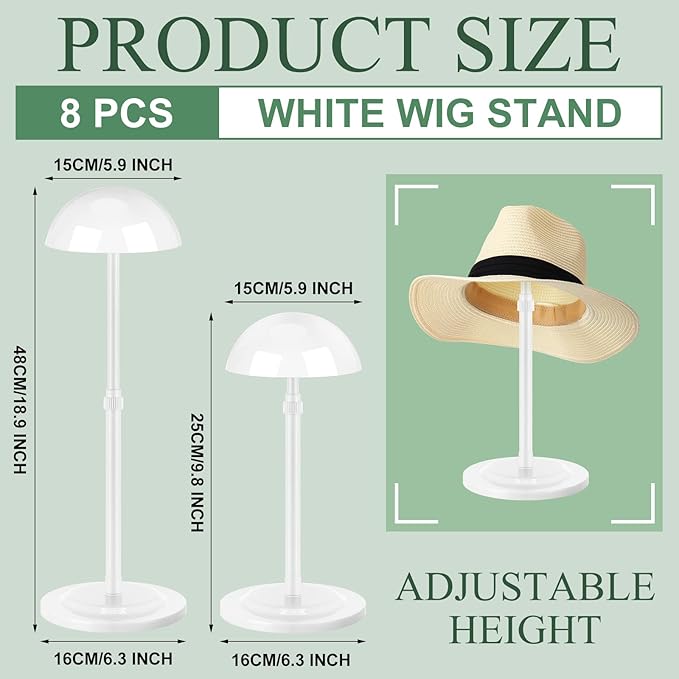 Tatuo 8 Pcs Wig Stand, 9.8"-18.9" Adjustable Height Wig Head Holder Portable Hat Display Stand Travel Storage Holder for Multiple Styling Practice DIY Non Slip Stable(White)