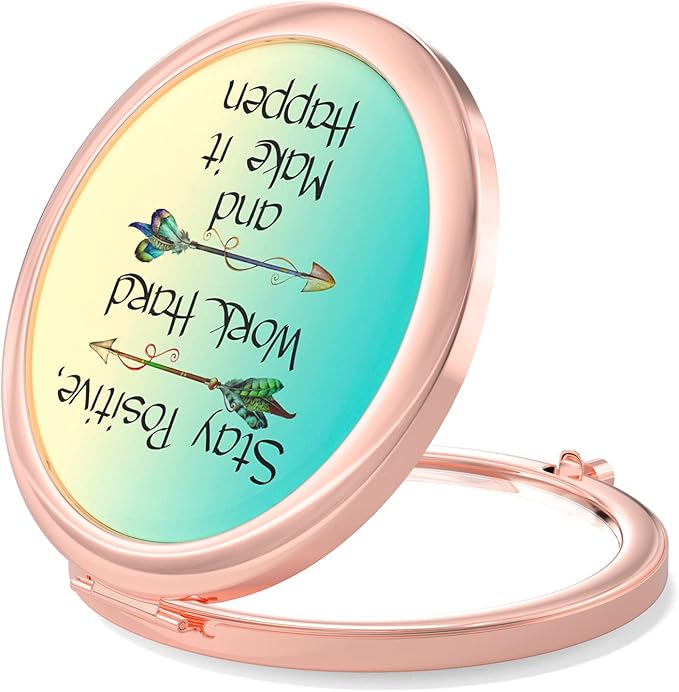Nipichsha Compact Mirror, Pocket Travel Makeup Mirror, 2 - Sided 2X / 1X Magnification, Small Folding Portable Handheld, 2.75 in Rose Gold, Inspirational Quotes