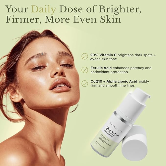 MAXDAHLIA Cell Active Day Serum | 10X Antioxidant Protection | Small-Batch Non-Oxidizing 20% Vitamin C+E Ferulic Acid with Niacinamide & Hyaluronic Acid | Anti-Aging, Brightening, Dark Spot Corrector