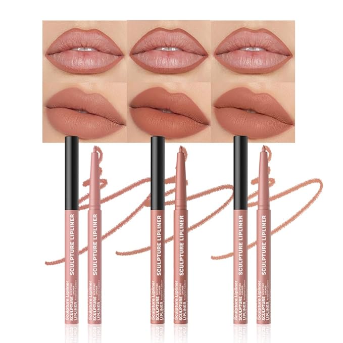 Matte Lip Liner Pencil Set, 12 Colors, Waterproof, Smudge-Proof, Long-Lasting, Semi-Glossy Finish for Defining, Contouring (1#, 3Count (Pack of 1))