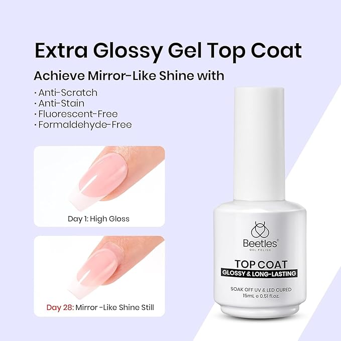 Beetles Gel Nail Glue Kit, 15ml Nail Glue Builder & Extra Glossy Top Coat Gel Nail Polish 3 Pcs Soak Off UV Kit for Long-Lasting Shine, Manicure Nail Art Design Diy at Home Gifts for Women