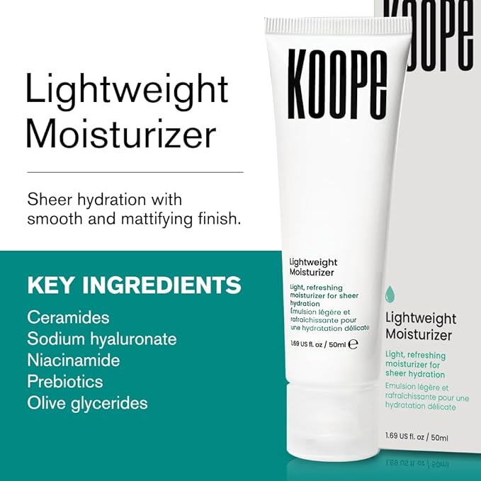 Koope Lightweight Face Cream, Moisturizer For Oily & Acne-Pron Skin, Sheer Hydration with Ceramides, Niacinamide & Hyaluronic Acid, Free of Parabens, Sulphates & Fragrances, Vegan, 1.69 FL OZ