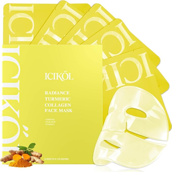 Radiance Turmeric Collagen Face Mask, 5 Pack - Overnight Calming Ance Mask with Kojic Acid for Roughed Skin & Dullness, Oil Control & Pore Refining Facial Sheet Mask