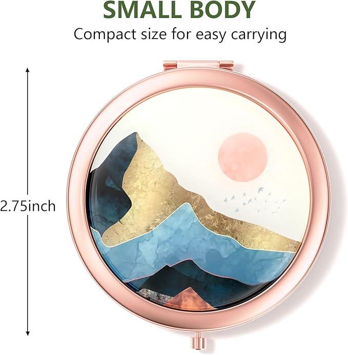 Nipichsha Compact Mirror, Pocket Travel Makeup Mirror, 2 - Sided 2X / 1X Magnification, Small Folding Portable Handheld, 2.75 in Rose Gold, Watercolor Sunrise