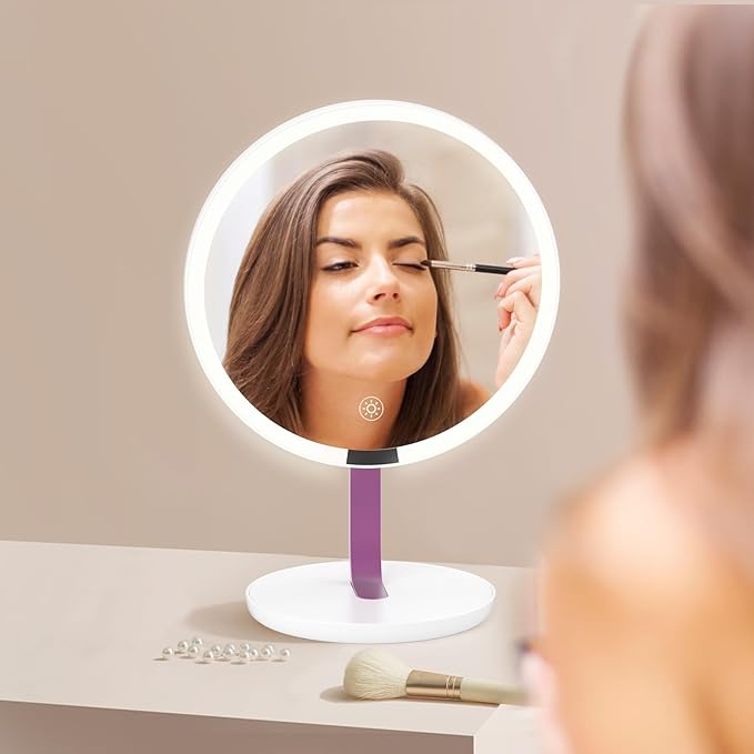 9.65-inch Lighting Makeup Mirror, 1x / 10x, Touch Control, 3-Color Adjustable, Metal Stand, up and Down Adjustable Makeup Mirror,High Color Rendering, Eye-Protecting Light Source,Pink