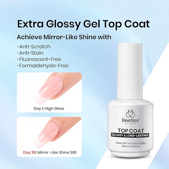 Beetles Builder Gel and Extra Glossy Top Coat No Wipe for Nails with Nail Brush, 15ml Low Heat Hypoallergenic Clear 7 in 1 Builder High Shine Long Lasting Top Coat Gel Nail Polish