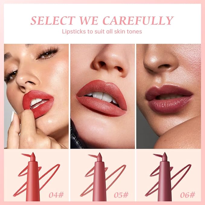 Matte Lip Liner Pencil Set, 12 Colors, Waterproof, Smudge-Proof, Long-Lasting, Semi-Glossy Finish for Defining, Contouring (3#, 3Count (Pack of 1))