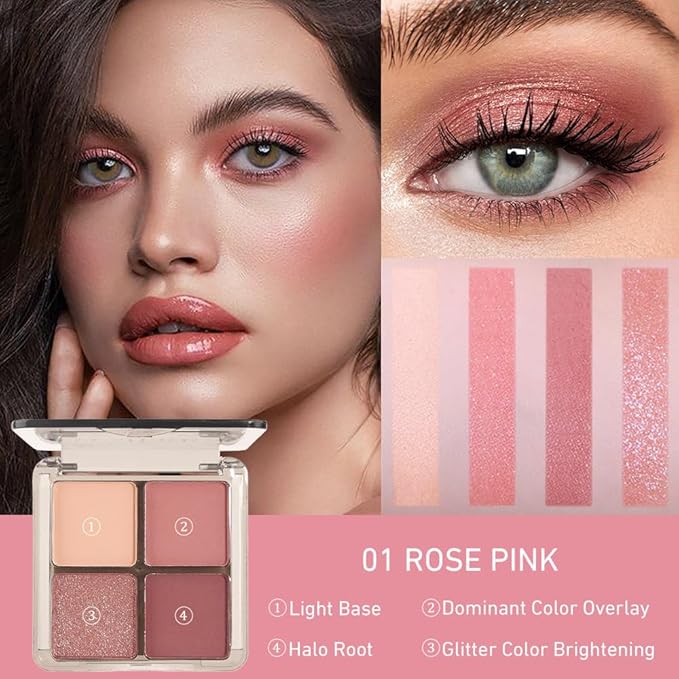 Eyeshadow Quads, Neutral Nude Pink Eye Enhancers Eyeshadow Palette, Metallic and Shimmer Magic Eyeshadow, Velvety Pigmented Creamy Formula, Four Way Quad Eye Shadow Palette For Old Women