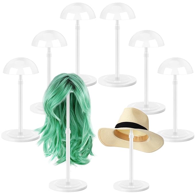 Tatuo 8 Pcs Wig Stand, 9.8"-18.9" Adjustable Height Wig Head Holder Portable Hat Display Stand Travel Storage Holder for Multiple Styling Practice DIY Non Slip Stable(White)