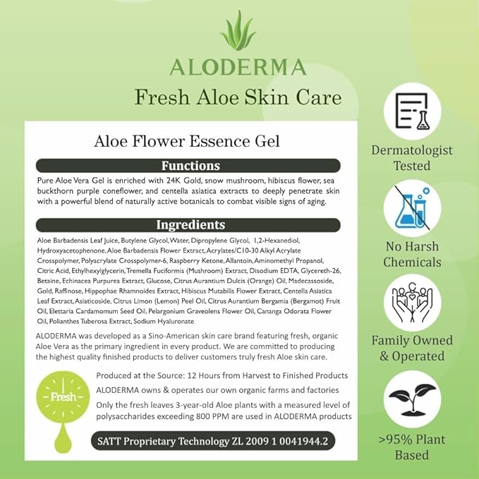 Aloderma Age-Defying Aloe Flower Essence Gel with 24K Gold Leaf, Made within 12 Hours of Harvest - Luxurious Aloe Gel with Allantoin & Hyaluronic Acid for a Shimmering, Youthful Complexion, 7oz 3-Pack
