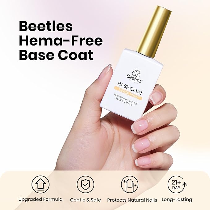 Beetles Gel Polish Gel Base Coat HEMA Free, TPO Free Base Gel Nail Polish 15ml Soak Off LED Nail Lamp Base Coat Upgraded Formula Long-Lasting DIY at Home and Nail Salon